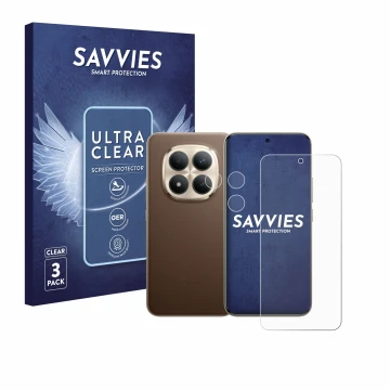 Front side of a product packaging with the brand logo Savvies. Next to it is the device Xiaomi Redmi Note 15 Pro Plus 5G (Fron
