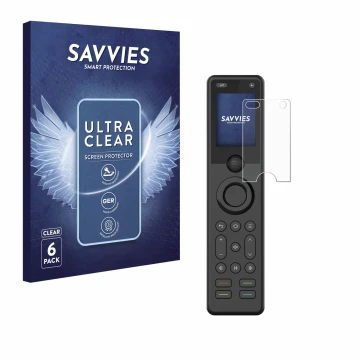 Front side of a product packaging with the brand logo Savvies. Next to it is the device Sofabaton X1S shown with the correspon
