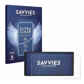 Front side of a product packaging with the brand logo Savvies. Next to it is the device Shelly Wall Display X2 shown with the 