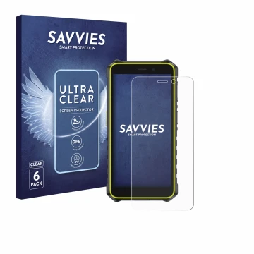 Front side of a product packaging with the brand logo Savvies. Next to it is the device Ulefone RugKing 2 Pro shown with the c