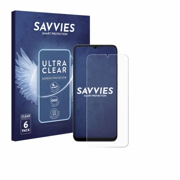 Front side of a product packaging with the brand logo Savvies. Next to it is the device Doogee Note 56X shown with the corresp