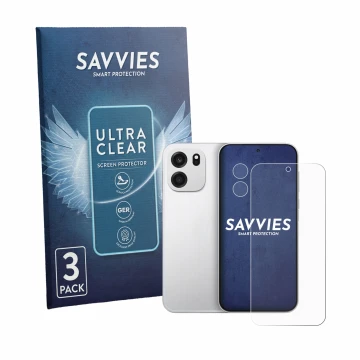 Front side of a product packaging with the brand logo Savvies. Next to it is the device OnePlus Turbo 6V (Front+Camera) shown 