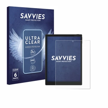 Front side of a product packaging with the brand logo Savvies. Next to it is the device Hannspree Lumo 7.8 shown with the corr