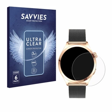 Front side of a product packaging with the brand logo Savvies. Next to it is the device Niolina Smartwatch 1.27