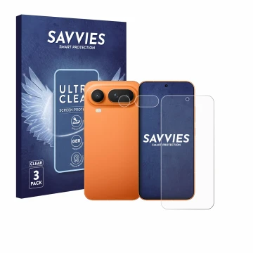 Front side of a product packaging with the brand logo Savvies. Next to it is the device Honor Magic 8 Pro Lite (Front+Camera) 
