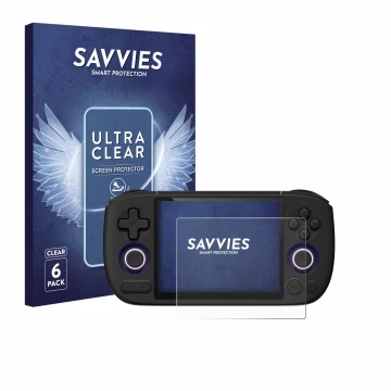 Front side of a product packaging with the brand logo Savvies. Next to it is the device Ayaneo Pocket Air Mini shown with the 