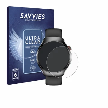 Front side of a product packaging with the brand logo Savvies. Next to it is the device Smartwatch ET460 1.47