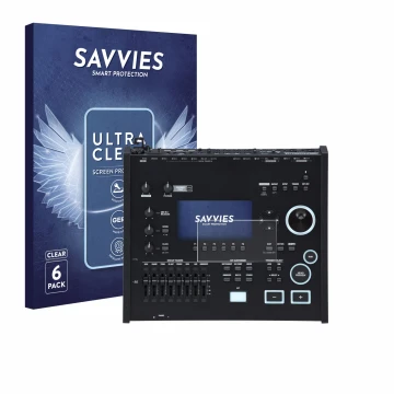 Front side of a product packaging with the brand logo Savvies. Next to it is the device Roland V71 shown with the correspondin