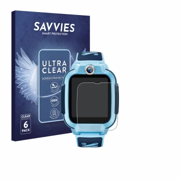 Front side of a product packaging with the brand logo Savvies. Next to it is the device Imoo Watch Phone Z3 shown with the cor