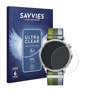 Front side of a product packaging with the brand logo Savvies. Next to it is the device Oppo Watch S shown with the correspond
