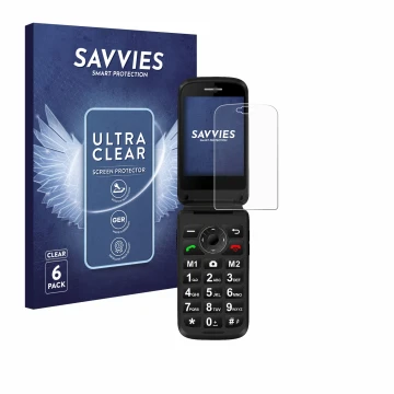 Front side of a product packaging with the brand logo Savvies. Next to it is the device Simvalley Mobile XL-970 shown with the