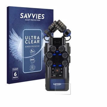 Front side of a product packaging with the brand logo Savvies. Next to it is the device Zoom H6 studio shown with the correspo