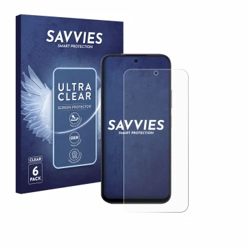 Front side of a product packaging with the brand logo Savvies. Next to it is the device Oppo A6x 4G shown with the correspondi