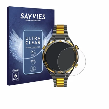 Front side of a product packaging with the brand logo Savvies. Next to it is the device Blackview W90 Pro shown with the corre