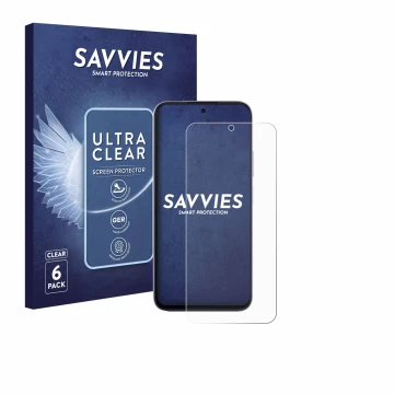 Front side of a product packaging with the brand logo Savvies. Next to it is the device Oppo A6x 5G shown with the correspondi