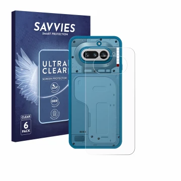Front side of a product packaging with the brand logo Savvies. Next to it is the device Nothing Phone (4a) (Back) shown with t