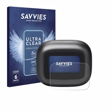 Front side of a product packaging with the brand logo Savvies. Next to it is the device JBL Live Beam 3 shown with the corresp