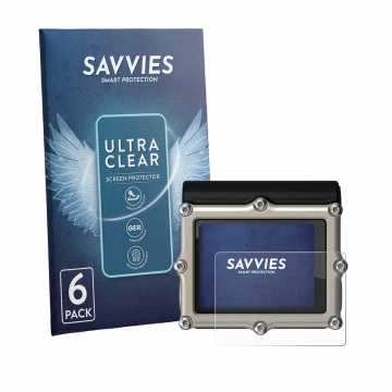 Front side of a product packaging with the brand logo Savvies. Next to it is the device Shearwater Petrel 3 dive computer show
