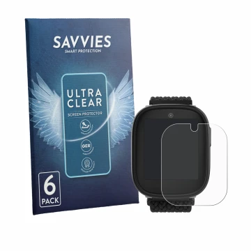 Front side of a product packaging with the brand logo Savvies. Next to it is the device Xplora X6 Play eSIM (2nd generation) s