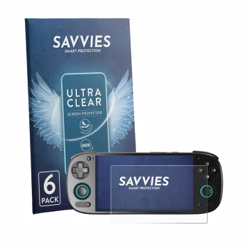 Front side of a product packaging with the brand logo Savvies. Next to it is the device Retroid Pocket 5 shown with the corres