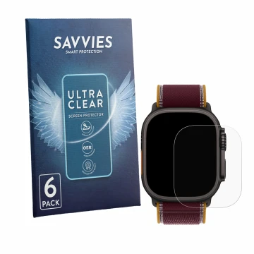 Front side of a product packaging with the brand logo Savvies. Next to it is the device Apple Watch Ultra 4 (49 mm) shown with