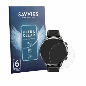 Front side of a product packaging with the brand logo Savvies. Next to it is the device Black Shark Watch X shown with the cor