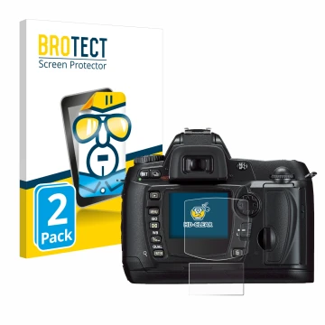 Front side of a product packaging with the brand logo BROTECT. Next to it is the device Nikon D70 shown with the corresponding