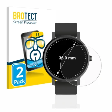 Front side of a product packaging with the brand logo BROTECT. Next to it is the device Watches (Circular, ø: 36 mm) shown wit