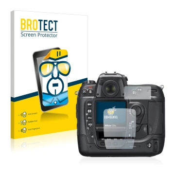 Front side of a product packaging with the brand logo BROTECT. Next to it is the device Nikon D2X shown with the corresponding