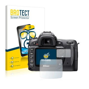 Front side of a product packaging with the brand logo BROTECT. Next to it is the device Nikon D80 shown with the corresponding