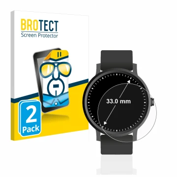 Front side of a product packaging with the brand logo BROTECT. Next to it is the device Watches (Circular, ø: 33 mm) shown wit