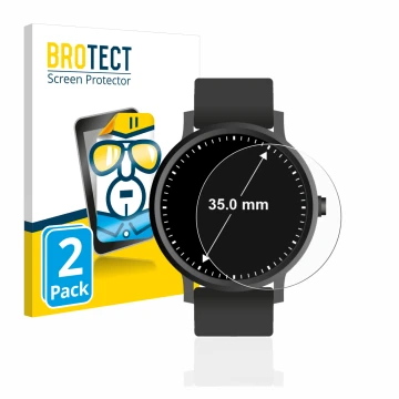 Front side of a product packaging with the brand logo BROTECT. Next to it is the device Watches (Circular, ø: 35 mm) shown wit