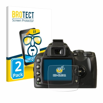 Front side of a product packaging with the brand logo BROTECT. Next to it is the device Nikon D40x shown with the correspondin