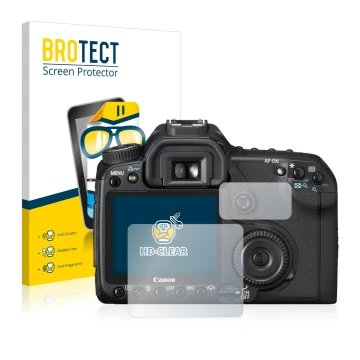 Front side of a product packaging with the brand logo BROTECT. Next to it is the device Canon EOS 40D shown with the correspon