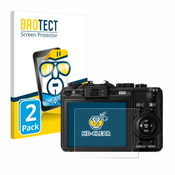 Front side of a product packaging with the brand logo BROTECT. Next to it is the device Canon PowerShot G9 shown with the corr