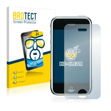 Front side of a product packaging with the brand logo BROTECT. Next to it is the device Apple iPhone 2G shown with the corresp