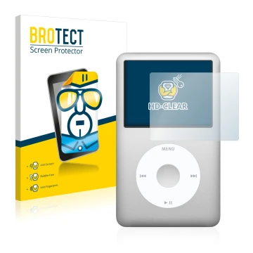 Front side of a product packaging with the brand logo BROTECT. Next to it is the device Apple iPod Classic (6th. Gen.) shown w