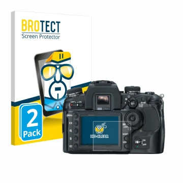 Front side of a product packaging with the brand logo BROTECT. Next to it is the device Konica Minolta Dynax 7D shown with the