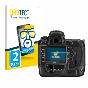 Front side of a product packaging with the brand logo BROTECT. Next to it is the device Nikon D3 shown with the corresponding 