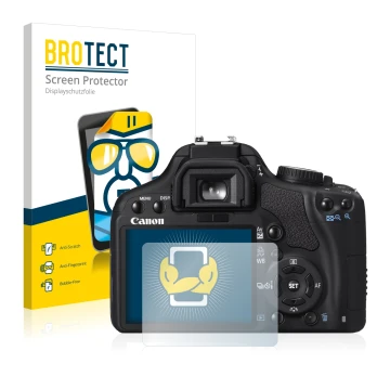 Front side of a product packaging with the brand logo BROTECT. Next to it is the device Canon EOS 450D shown with the correspo