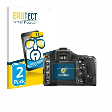 Front side of a product packaging with the brand logo BROTECT. Next to it is the device Pentax K20D shown with the correspondi