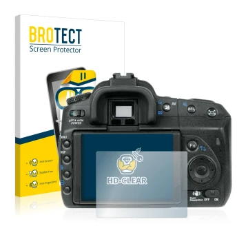 Front side of a product packaging with the brand logo BROTECT. Next to it is the device Sony Alpha 350 (DSLR-A350) shown with 