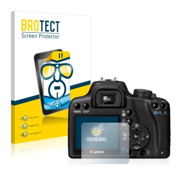 Front side of a product packaging with the brand logo BROTECT. Next to it is the device Canon EOS 1000D shown with the corresp
