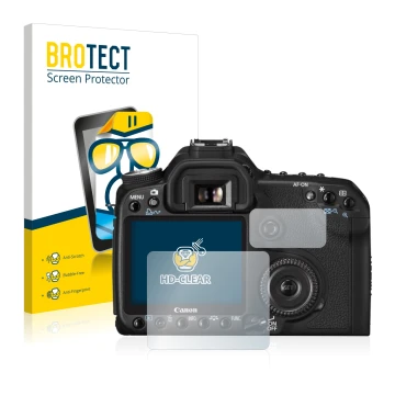 Front side of a product packaging with the brand logo BROTECT. Next to it is the device Canon EOS 50D shown with the correspon