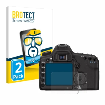Front side of a product packaging with the brand logo BROTECT. Next to it is the device Canon EOS 5D Mark II shown with the co