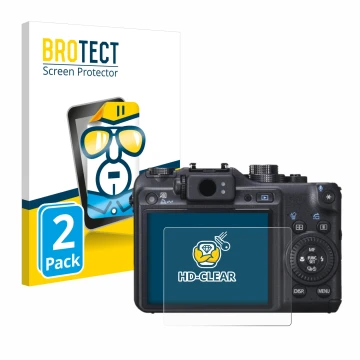 Front side of a product packaging with the brand logo BROTECT. Next to it is the device Canon PowerShot G10 shown with the cor