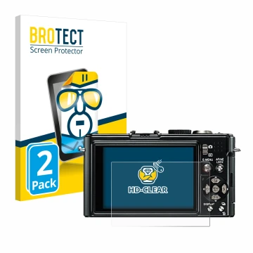 Front side of a product packaging with the brand logo BROTECT. Next to it is the device Leica D-Lux 4 shown with the correspon