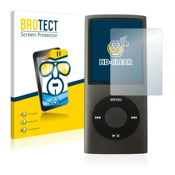 Front side of a product packaging with the brand logo BROTECT. Next to it is the device Apple iPod nano (4th Gen.) shown with 