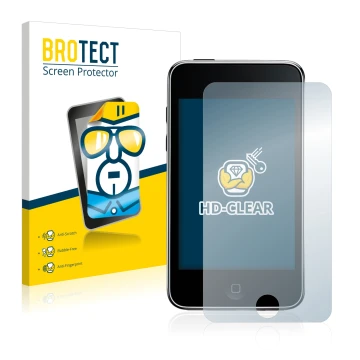 Front side of a product packaging with the brand logo BROTECT. Next to it is the device Apple iPod Touch (2nd Gen.) shown with