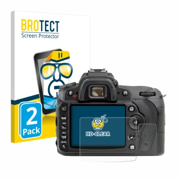 Front side of a product packaging with the brand logo BROTECT. Next to it is the device Nikon D90 shown with the corresponding